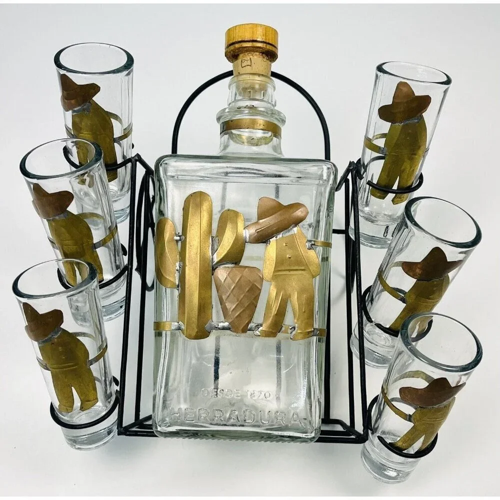 Handmade Herradura Tequila DECANTER & 6 SHOT GLASS SET in Rack w/ Metal Accents